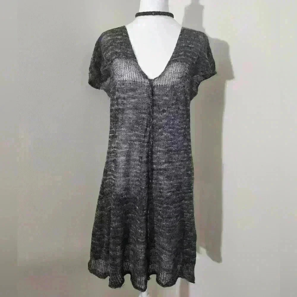 Pico Vela Bamboo Blend Knit Dress Multi-Woven Deep V-Neck Mini Dress